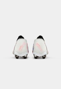 Pair of white soccer cleats with metallic studs, viewed from the back, featuring "Play Free Future" text on each heel.