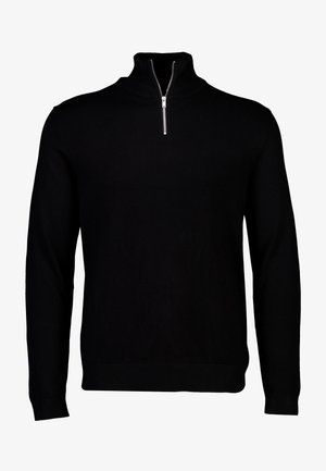 Czarny sweter z wysokim kołnierzem i zamkiem błyskawicznym na 1/4 długości. Wykonany z gładkiego materiału, z ściągaczami na mankietach i u dołu, co zapewnia dopasowany wygląd.