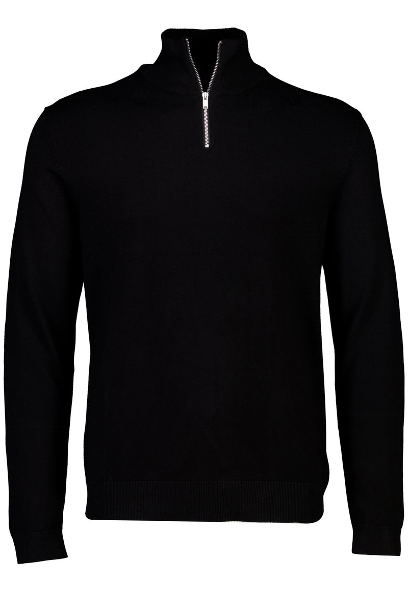 Schwarzer Pullover mit hohem Kragen und 1/4-Reißverschluss. Aus glattem Stoff gefertigt, mit gerippten Bündchen und Saum für einen schmalen Schnitt.