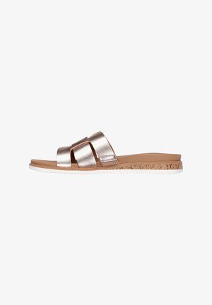 Metallic rose gold slide sandal with two wide straps, cork-textured midsole, and white rubber outsole. Smooth surface, casual design.