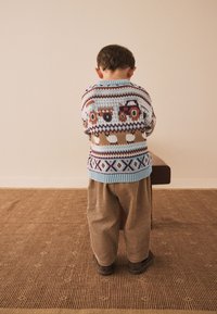 Neulepusero, jossa monivärisiä eläinkuoseja, sininen kaulus ja geometrisia kuvioita; yhdistetty ruskeisiin vakosamettihousuihin ja tummiin kenkiin.