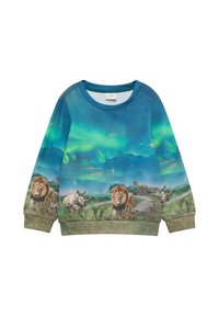 Blaues Sweatshirt mit einem lebhaften Design von Tieren, darunter Löwen und ein Nashorn, vor einer malerischen Landschaft und einem Aurora-Hintergrund.