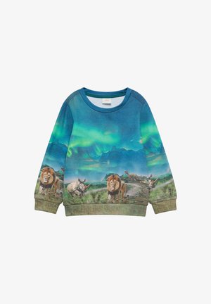 Blauwe sweatshirt met een levendig ontwerp van dieren, waaronder leeuwen en een neushoorn, tegen een schilderachtig landschap en een aurora-achtergrond.