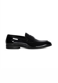 Black patent leather loafers with a sleek design, rounded toe, and low heel. Features a smooth finish and minimal detailing on the vamp.