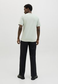 Lichtgroen T-shirt met korte mouwen, zacht materiaal, ronde halslijn, gecombineerd met zwarte broek, rechte snit, en zwarte schoenen met platte zolen.