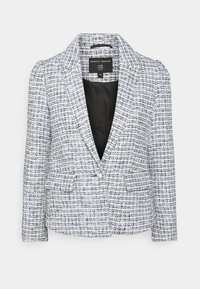 Světle modrý a bílý tweedový blazer s černobílým tkaným vzorem, zapínání na jeden knoflík, klopový límec a přední kapsy s klopou.
