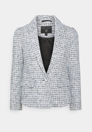 Light blue and white tweed blazer with black and white woven pattern, single button closure, lapel collar, and front flap pockets.