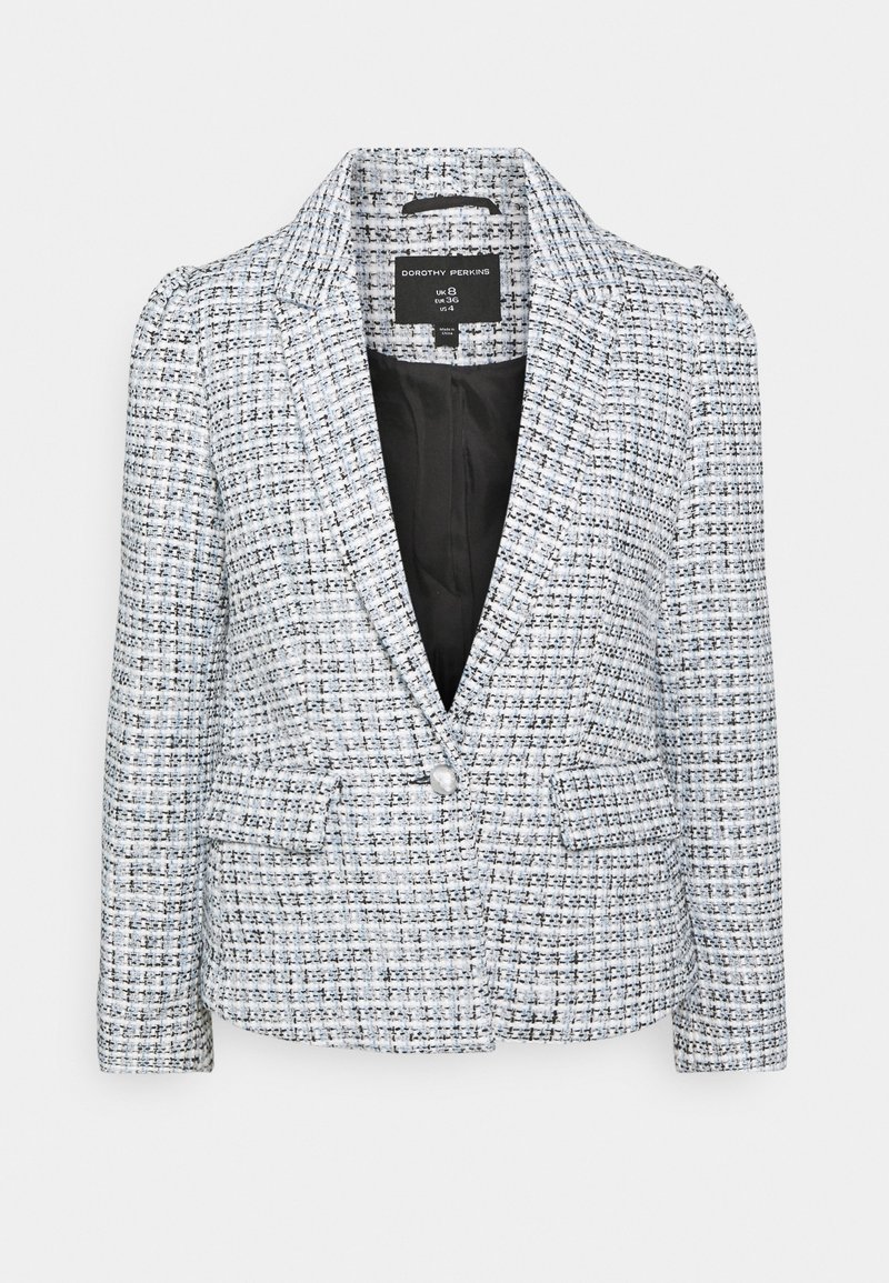 Světle modrý a bílý tweedový blazer s černobílým tkaným vzorem, zapínání na jeden knoflík, klopový límec a přední kapsy s klopou.