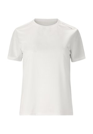 Hvid, kortærmet t-shirt med rund hals og diskret tekst "ENDURANCE" på venstre skulder, vist på hvid baggrund.