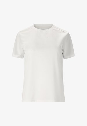 Hvid, kortærmet t-shirt med rund hals og diskret tekst "ENDURANCE" på venstre skulder, vist på hvid baggrund.