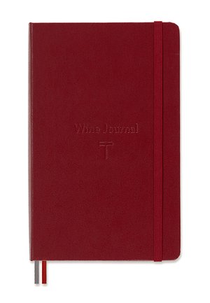 Red hardcover wine journal with elastic closure and two ribbon bookmarks, one gray and one red.