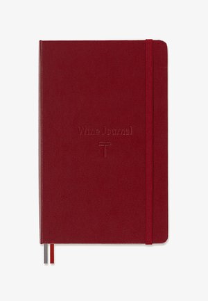 Red hardcover wine journal with elastic closure and two ribbon bookmarks, one gray and one red.