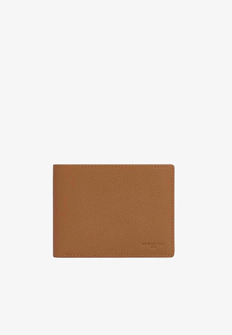 Brown leather cardholder featuring a textured surface, rectangular shape, and embossed logo detail, suitable for cards and small items.