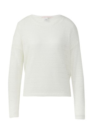 Witte, lange mouw sweater gemaakt van textuurmateriaal met horizontale patronen en een ronde halslijn, met een comfortabele pasvorm.