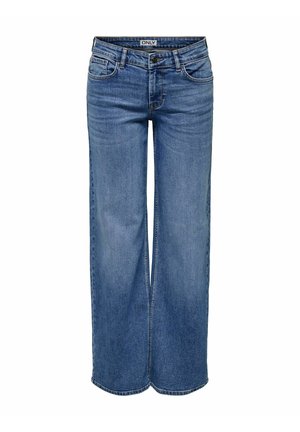 Blå vidde denimjeans med frontknap og lynlås, for- og baglommer samt et mærke inde i linningen.