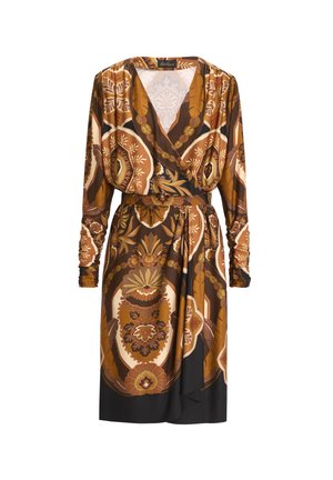 Brown wrap dress with long sleeves, featuring a floral and geometric pattern in shades of gold, cream, and black. Soft fabric with a belted waist.