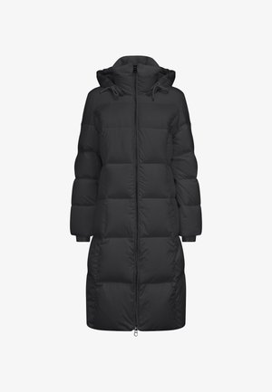 Schwarzer gepolsterter langer Mantel mit Reißverschluss, abnehmbarem Kapuze und elastischen Bündchen. Verfügt über horizontale Nähte für zusätzliche Textur.