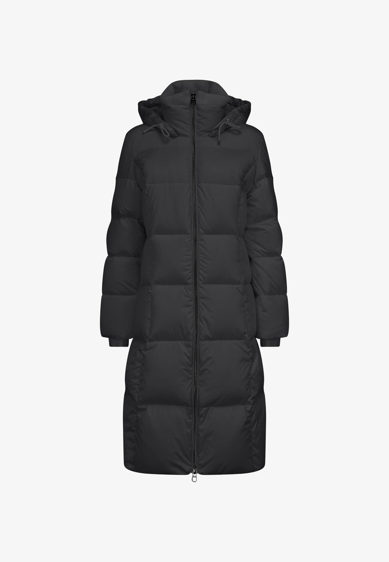 Schwarzer gepolsterter langer Mantel mit Reißverschluss, abnehmbarem Kapuze und elastischen Bündchen. Verfügt über horizontale Nähte für zusätzliche Textur.