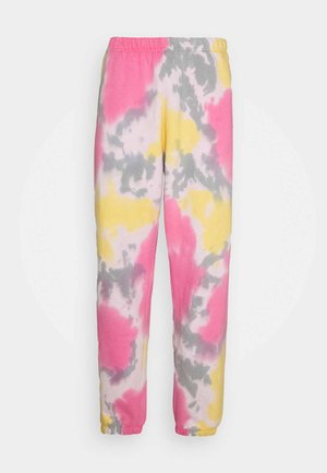 Sidottu joggerit, joissa on joustava vyötärö, ja jotka esittelevät kirkkaita vaaleanpunaisia, keltaisia ja harmaita värejä pilvimäisessä kuosissa. Pehmeä kangaspinta.