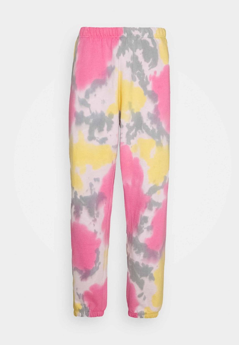 Tijkleur joggers met een elastische tailleband, met levendige roze, gele en grijze kleuren in een wolkenpatroon. Zachte textiele afwerking.