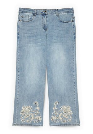 Hellblaue Jeans aus Denim mit weitem Bein, Fronttaschen, Knopfverschluss und weißer Blumenstickerei in der Nähe des Saums an beiden Hosenbeinen.