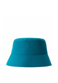 Türkiser Bucket Hat mit breiter Krempe, aus glattem Stoff gefertigt. Verfügt über gestickte Details entlang der Krone und Krempe für zusätzlichen Halt.
