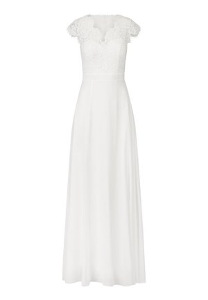 Weißes Kleid mit Spitzenärmeln, figurbetontem Spitzenoberteil und fließendem Rock. Detail mit Schlüsselrücken und glattem, leichtem Stoff.