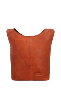 Brown leather shoulder bag with a smooth texture, rounded top, and flat base. Features a branded leather patch on the front.