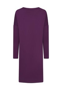 Lila tunikaklänning, långa ärmar, mjukt tyg, avslappnad passform, rundad halsringning, inga synliga mönster eller accenter.