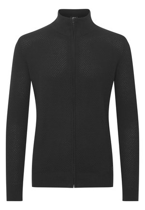 Černá zipová mikina s texturovaným vzorem jako včelí plást, vysokým límcem a žebrovanými manžetami a spodním lemem. Lehce pletená látka.