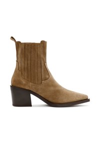 Brown suede ankle boot with a pointed toe, stacked heel, and vertical stitching details on the side. Features pull tabs for easy wear.