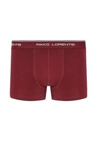 Burgundowe bokserki z białą elastyczną talią, wykonane z miękkiej tkaniny, charakteryzujące się dopasowanym krojem i standardowymi detalami szycia.