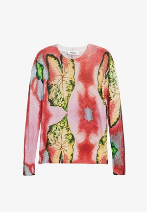 Farebný sveter s kvetinovým vzorom v červených, zelených a ružových odtieňoch. Vyrobený z mäkkej pleteniny, s dlhými rukávmi a okrúhlym výstrihom.