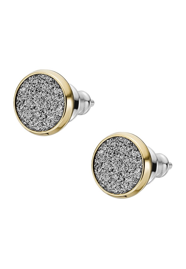 Boucles d'oreilles rondes avec des centres en paillettes argentées et des bords en métal doré, maintenues par des fermoirs papillon en argent.