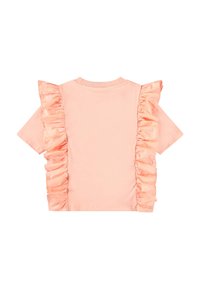 Rosa kortärmad t-shirt med satinliknande volanger längs axlarna och sidorna. Mjuk textur, avslappnad passform, med rundad hals.