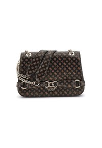 Borsa a tracolla nera con motivo, dettagli dorati, tracolla in catena argentata e logo. Presenta una forma strutturata con chiusura a patta.