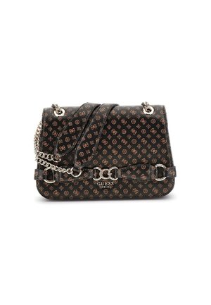 Borsa a tracolla nera con motivo, dettagli dorati, tracolla in catena argentata e logo. Presenta una forma strutturata con chiusura a patta.