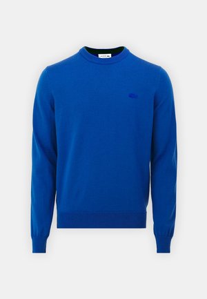 Maglione blue a maglia con collo rotondo, maniche lunghe, polsini e orlo a costine, e un piccolo logo ricamato sul lato sinistro del petto. Texture liscia.