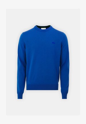 Maglione blue a maglia con collo rotondo, maniche lunghe, polsini e orlo a costine, e un piccolo logo ricamato sul lato sinistro del petto. Texture liscia.