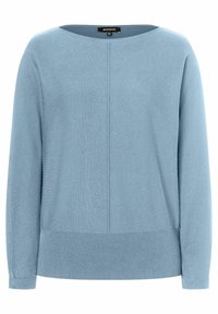Hellblauer Pullover mit rundem Ausschnitt. Weiche Textur, lange Ärmel und gerippter Saum. Verfügt über eine zentrale Nahtdetail auf der Vorderseite.
