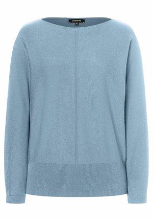 Hellblauer Pullover mit rundem Ausschnitt. Weiche Textur, lange Ärmel und gerippter Saum. Verfügt über eine zentrale Nahtdetail auf der Vorderseite.