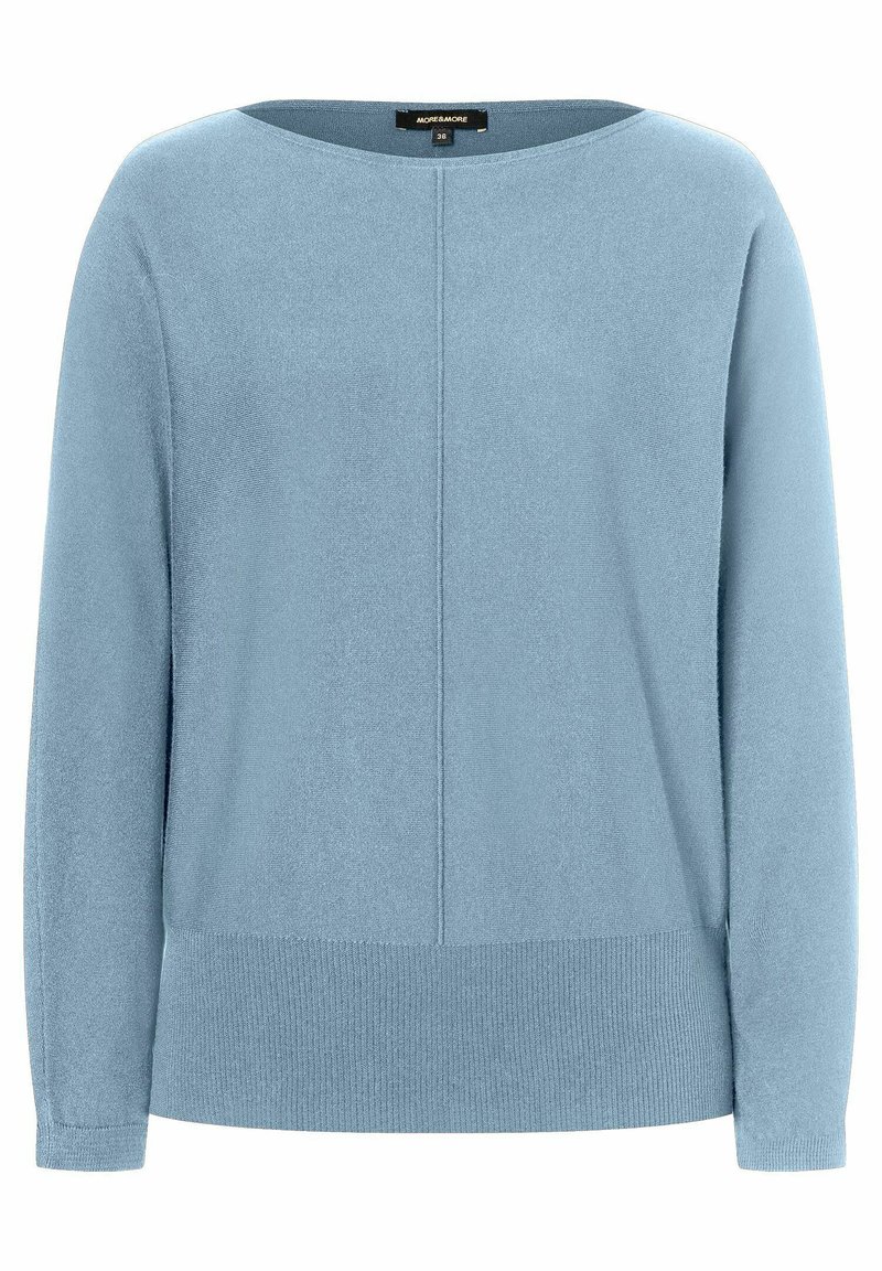 Hellblauer Pullover mit rundem Ausschnitt. Weiche Textur, lange Ärmel und gerippter Saum. Verfügt über eine zentrale Nahtdetail auf der Vorderseite.