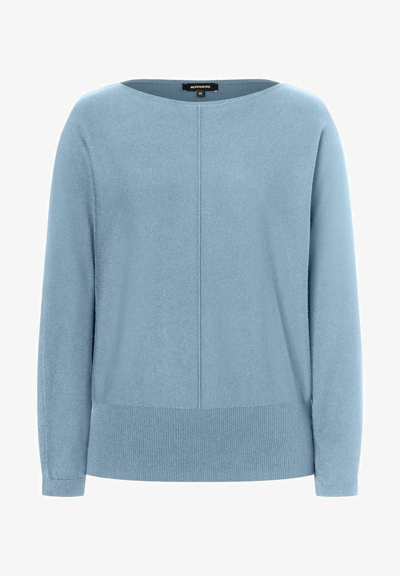 Hellblauer Pullover mit rundem Ausschnitt. Weiche Textur, lange Ärmel und gerippter Saum. Verfügt über eine zentrale Nahtdetail auf der Vorderseite.
