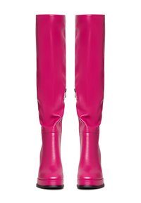 Cizme peste genunchi, roz fucsia, până la genunchi, cu un finisaj neted și lucios și toc pătrat. Prezintă un design elegant șiAccente cu fermoar.