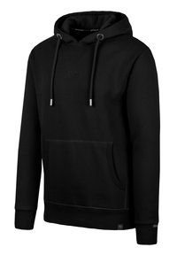 Zwarte capuchontrui van zachte stof, met een voorzak, verstelbare koorden en ribgebreide mouwen en onderrand. Minimalistisch ontwerp.
