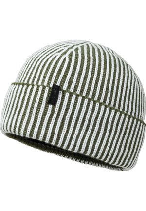 Gestrickte Mütze mit vertikalen weißen und olivgrünen Streifen, umgeschlagener Krempe und einem kleinen schwarzen Markenzeichen an der Seite.