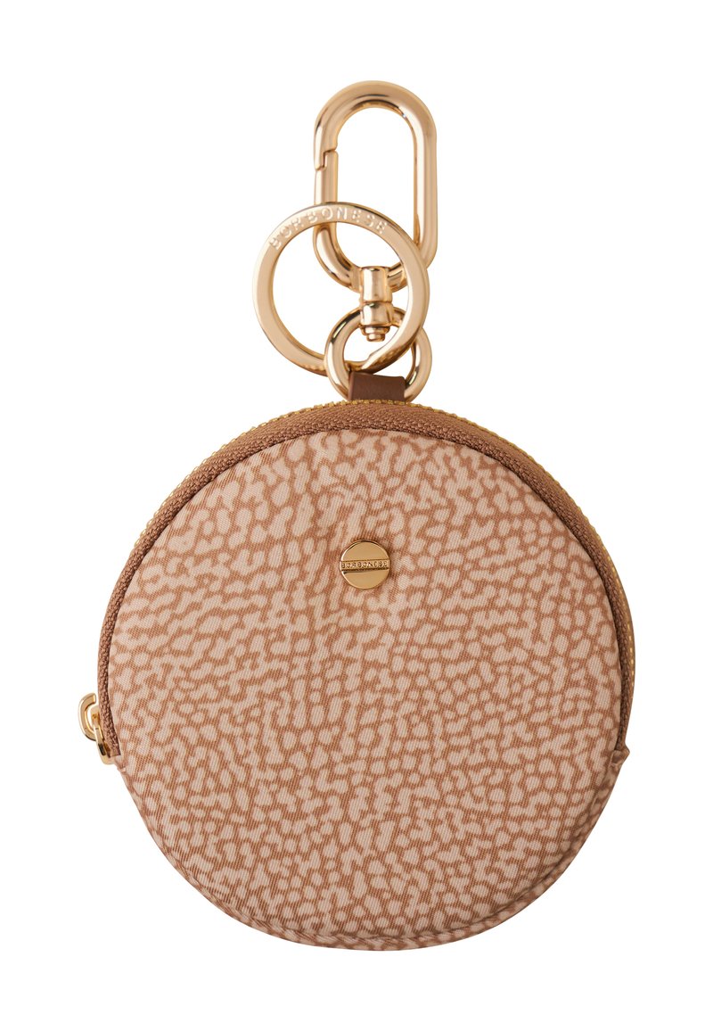 Portamonete rotondo in tessuto beige strutturato con un motivo sottile, dotato di chiusura in metallo color oro e dettaglio con logo sul davanti.