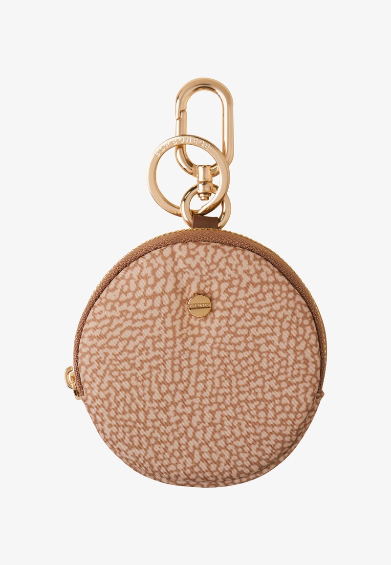 Portamonete rotondo in tessuto beige strutturato con un motivo sottile, dotato di chiusura in metallo color oro e dettaglio con logo sul davanti.