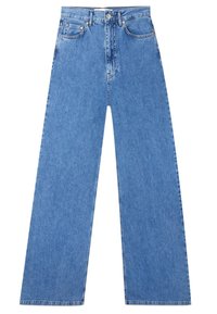 Lichtblauwe denim wijde broek met een hoge taille, voorzien van voorzakken en een ritssluiting. De stof heeft een gladde, gestructureerde afwerking.