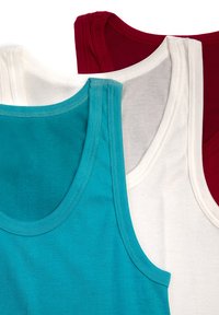Trzy topy na ramiączkach w kolorach turkusowym, białym i burgundowym. Każdy z nich ma okrągły dekolt i prążkowaną fakturę, z kontrastowymi detalami przeszyć.